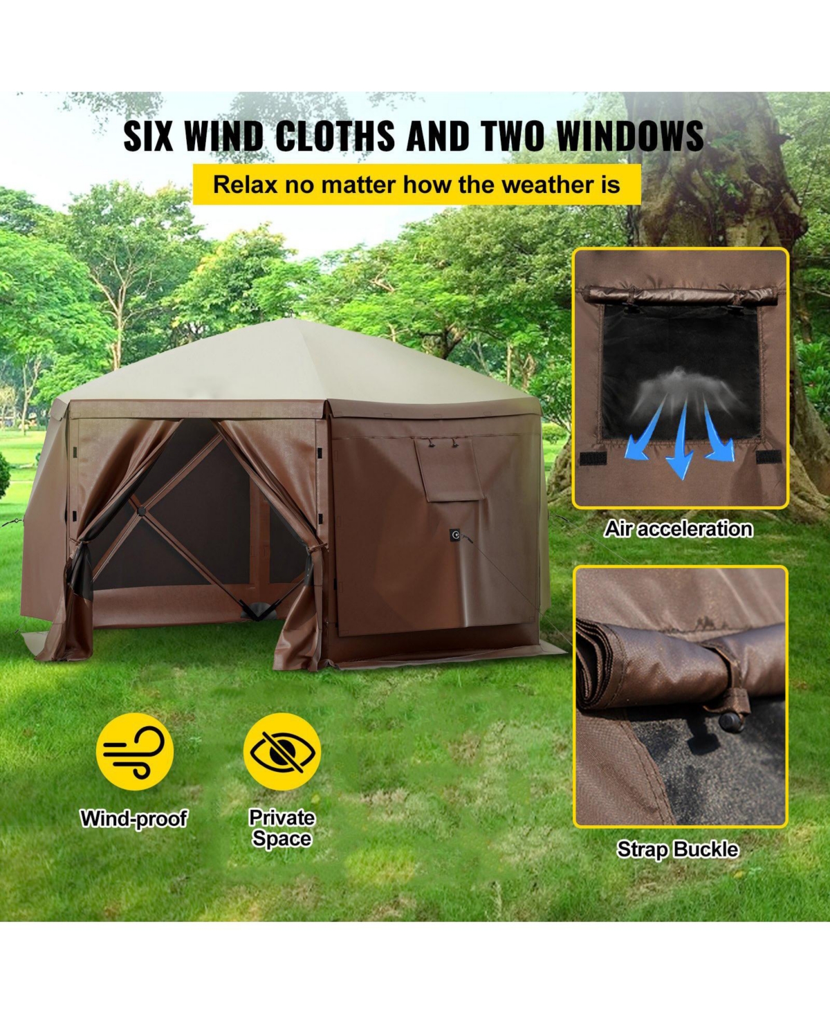 Mecale 12 x 12 ft 6-Sided Pop-Up Gazebo Screen Tent, Mesh Windows, Carry Bag, Ground Stakes, Large Shade Canopy for Outdoor Use