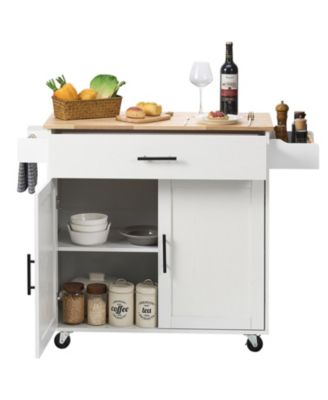 Kitchen Island Cart with Solid Wood Top, 35.4" Wide, Storage Cabinet, Drop Leaf, Drawer, Spice Rack, Towel Rack, Rolling, White