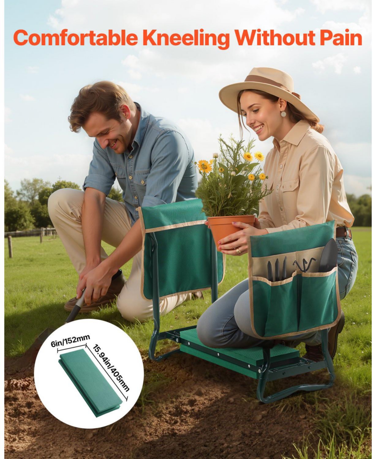Mecale Garden Kneeler & Seat, 6" Wide Kneeling Pad, Heavy-Duty Folding Garden Stool with 2 Tool Bags, Portable Garden Bench