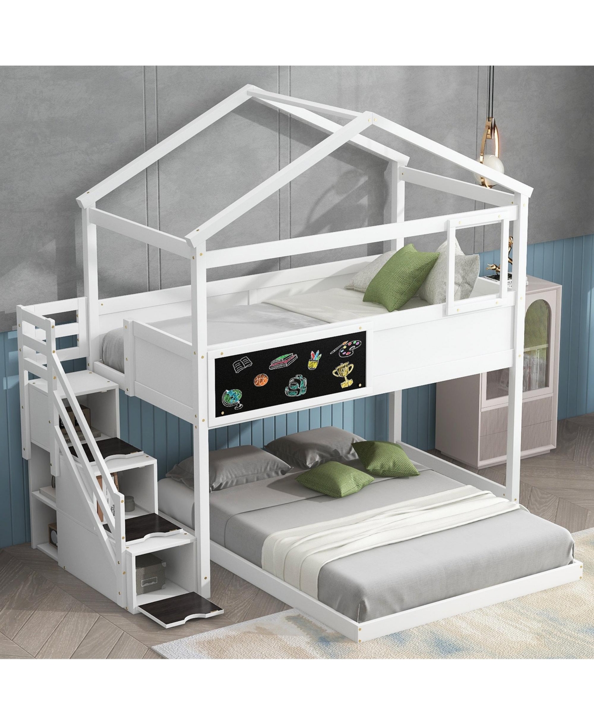 Boyel Living Twin Over Full House Bunk Bed with Storage Staircase and Blackboard