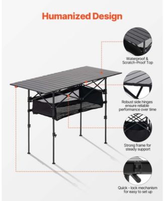 Roll-Up Folding Camping Table, Adjustable Height Aluminum, Storage Bag & Carry Bag, Black