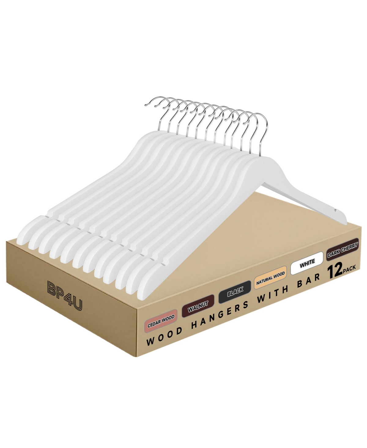 BP4U Premium Wooden Clothes Hangers, Solid Wood Coat Shirt Top Hangers for Jackets, Shirts, Dresses, Blouse, Overcoat, Tank top - White