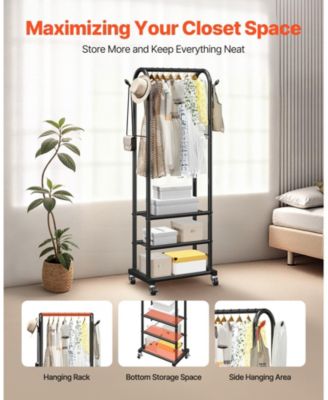 Rolling Clothes Rack with Hanging Rod, Side Hooks & 3 Shelves, 99 lb Capacity, Heavy-Duty Carbon Steel Garment Rack