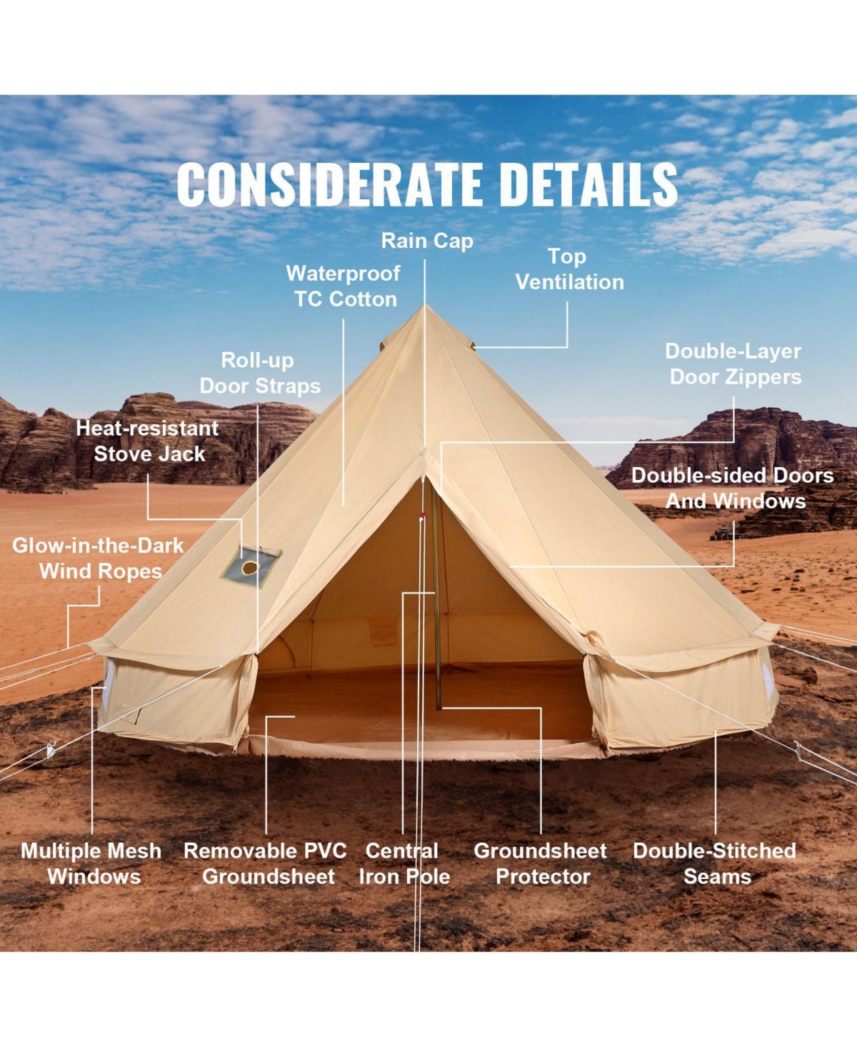 Mecale 4-Season Canvas Bell Tent, 6m/19.68ft Yurt Tent with Stove Jack, Breathable, Holds Up to 10 People