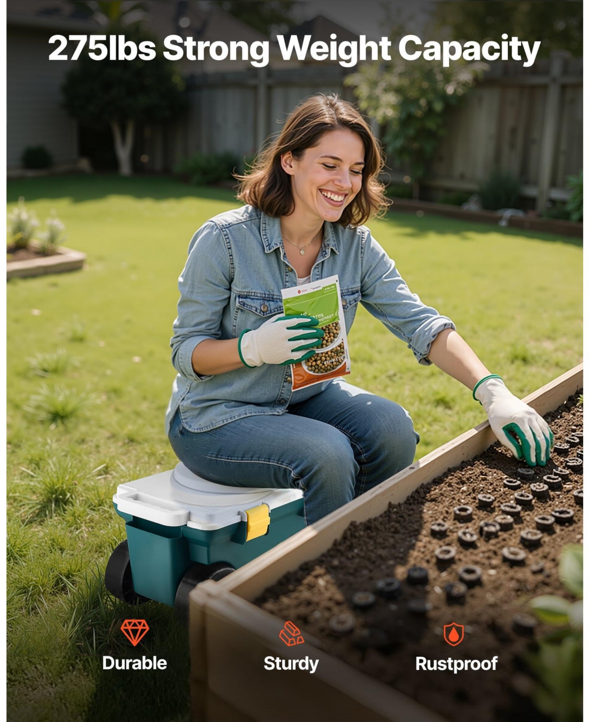 Mecale 2-in-1 Garden Scooter with Seat, Rolling Cart with Storage Bin, 227 lb Capacity, Lightweight Gardening Stool with Handle