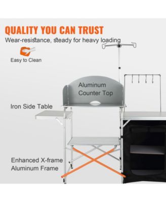 Camping Kitchen Table, Folding Aluminum Cook Station with Cupboard, Detachable Windscreen, Carrying Bag, Quick Setup, Black