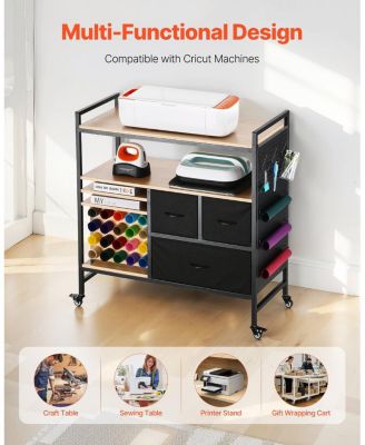 Rolling Craft Cart & Storage Table for Cricut Machines, 20 Vinyl Roll Holders, 3 Drawers, Craft Organizer Workstation, Black