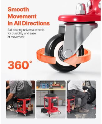Rolling Mechanic Stool with Wheels, 300 lb Capacity, Padded Fixed-Height Creeper Seat with Tool Tray & 2 Drawers, Red/Black