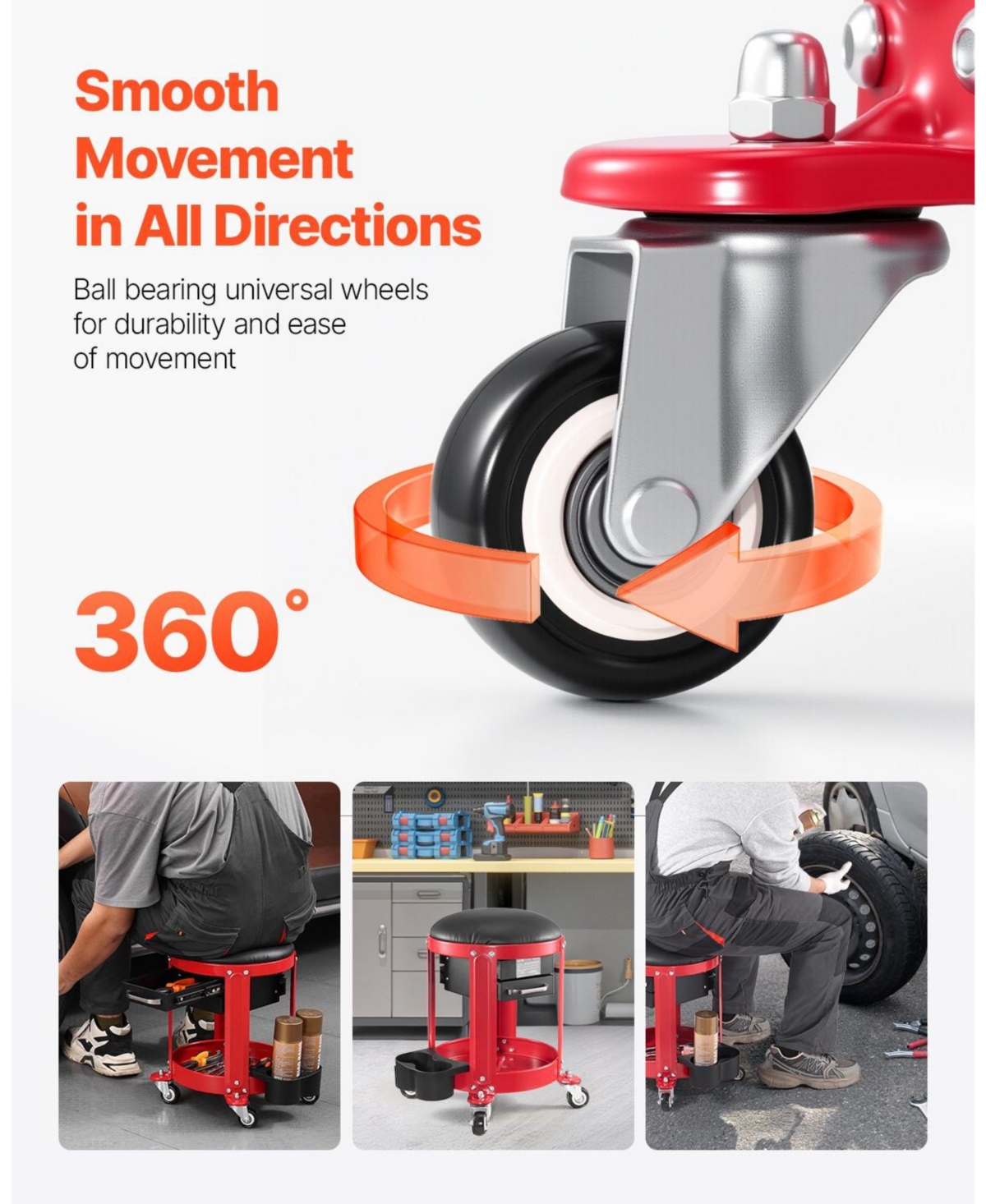 Mecale Rolling Mechanic Stool with Wheels, 300 lb Capacity, Padded Fixed-Height Creeper Seat with Tool Tray & 2 Drawers, Red/Black