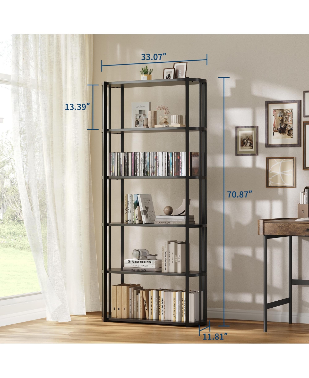 gaomon 71 Inch Tall Bookshelf, 6 Tier Industrial Bookcase with Heavy Duty Metal Frame, Slim Farmhouse Storage Shelves