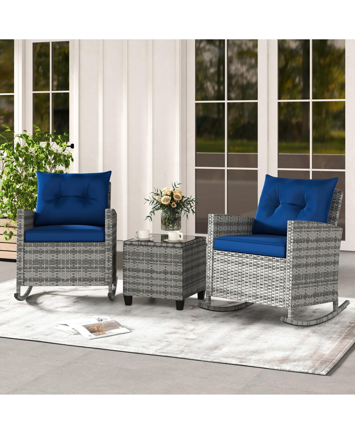 Slickblue Patio Rattan Roker Chairs with Tempered Glass Table and Soft Cushions for Backyard Poolside Porch-Beige