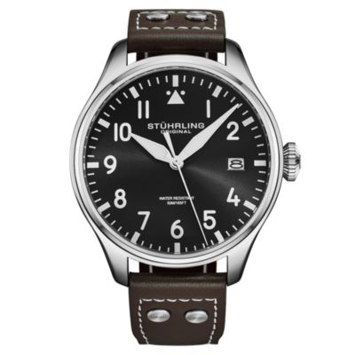 Stuhrling Airman 4078 Men s Quartz Pilot Watch, 43mm Alloy Case with Leather Strap - Green