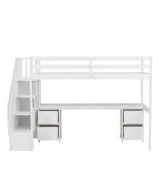 Twin Size Loft Bed Frame with Built-in Desk and Double Storage Drawers