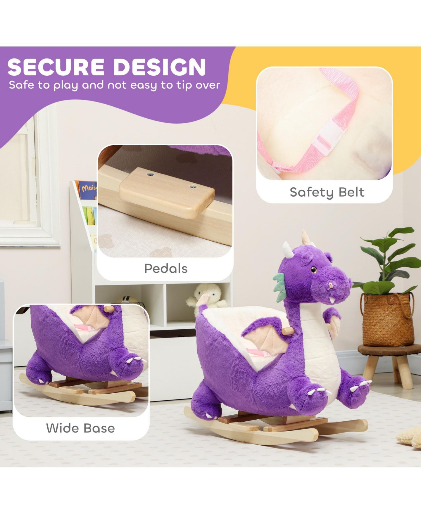 Детская игрушка Qaba Ride Dragon Rocking Horse with Realistic Dragon Roar, Ages 1+, цвет: Фиолетовый — фото 3