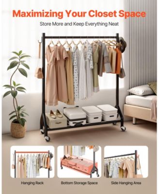 Rolling Clothes Rack with Hanging Rod & Side Hooks, 198 lb Capacity, Heavy-Duty Carbon Steel Garment Rack with Wheels