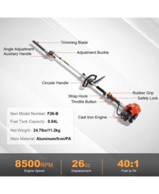15.7" 26CC 2-Cycle Gas Hedge Trimmer, Dual-Sided Dual-Action Blade, 270° Adjustable Trimmer Head, Pole Hedge Trimmer
