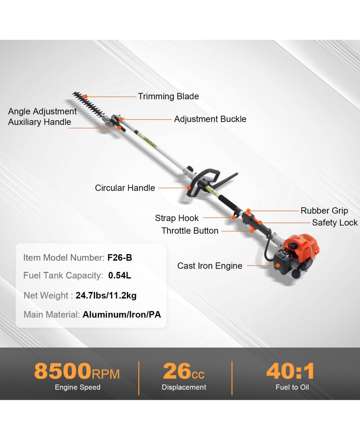 Mecale 15.7" 26CC 2-Cycle Gas Hedge Trimmer, Dual-Sided Dual-Action Blade, 270° Adjustable Trimmer Head, Pole Hedge Trimmer