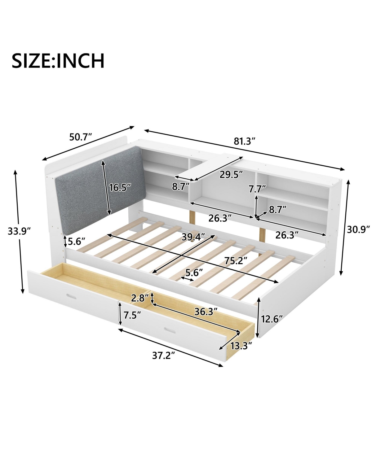 Boyel Living Wood Twin platform bed with Storage Headboard, Shelves and 2 Drawers