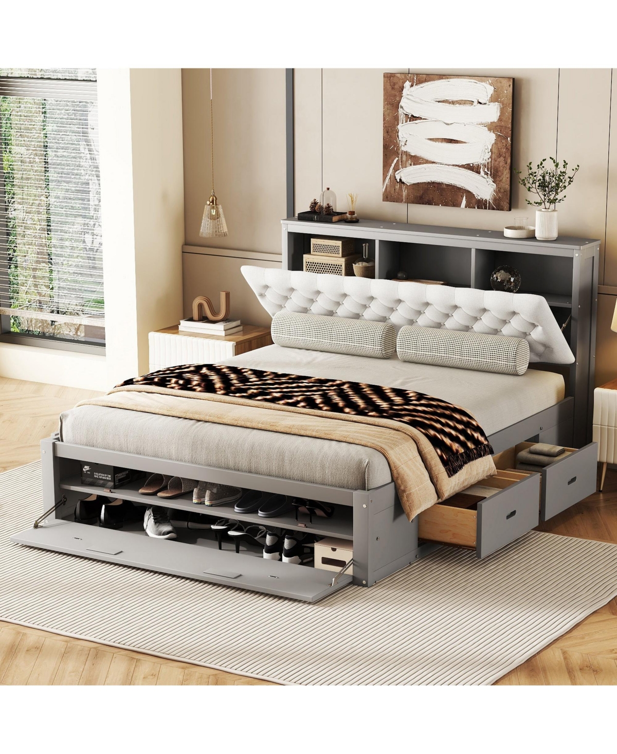 Wood Queen Size Platform Bed with Storage Headboard, shoe rack and 4 drawers