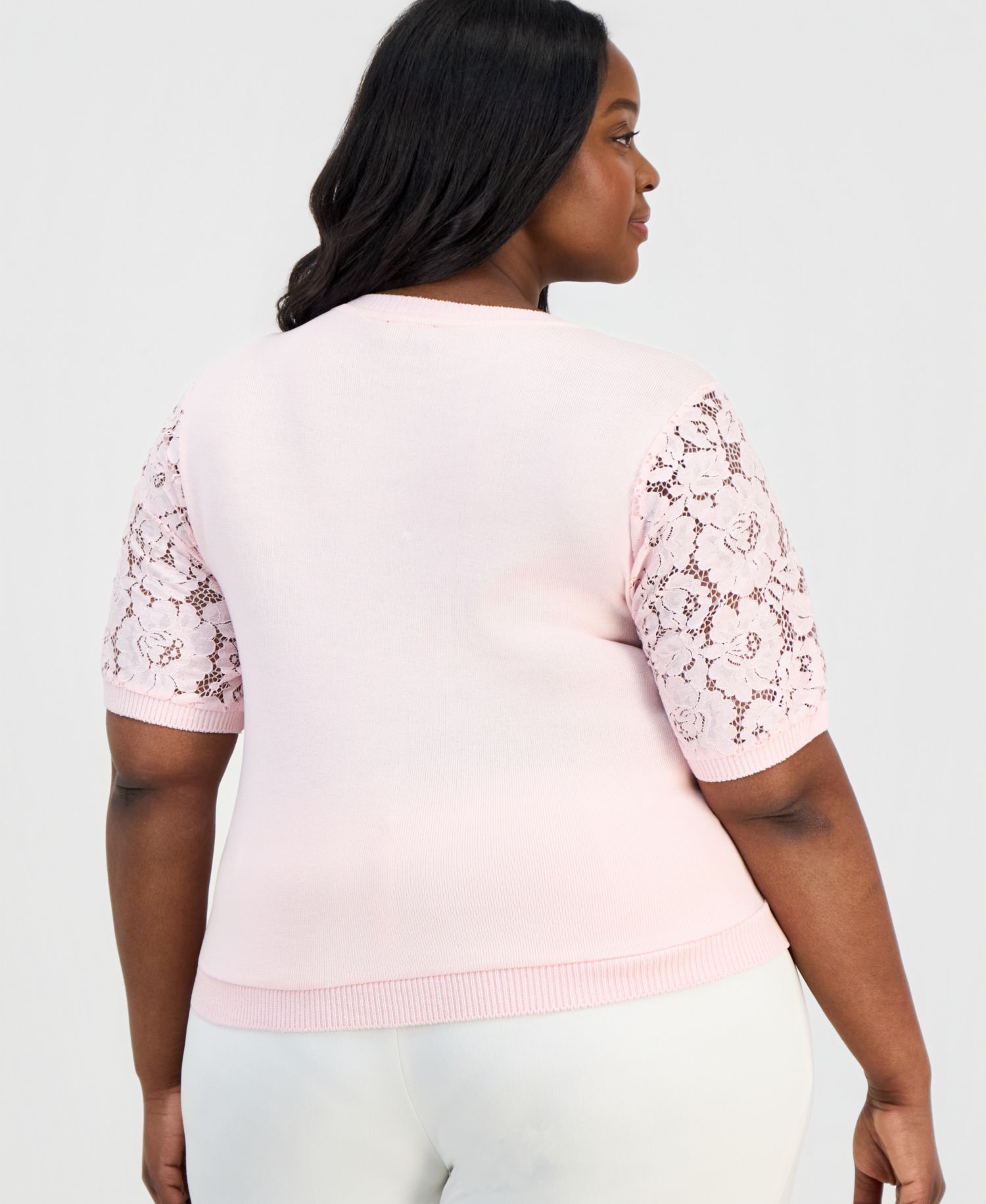 ASL Plus Size Lace-Front Short-Sleeve Sweater