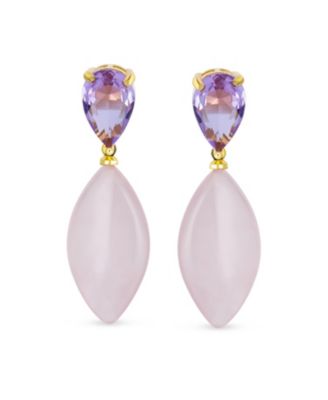  Pink Quartz Rhombus Teardrop Purple CZ & Dangling Earrings Gold Plated