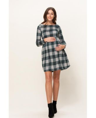 Maternity Empire Waist Long Sleeve Plaid Dress