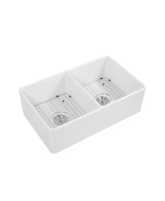 huluwat 33x20x10inch White Farmhouse Sink Ceramic Porcelain Double Bowl Reversible Design