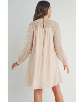 Maternity Smocked Neck Long Sleeve Textured Dot Dress