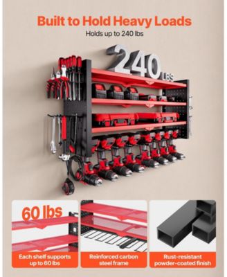 Wall-Mount Power Tool Organizer, 4-Tier Storage Rack with 8 Drill Holders, Side Pegboards, Garage Tool Storage Rack