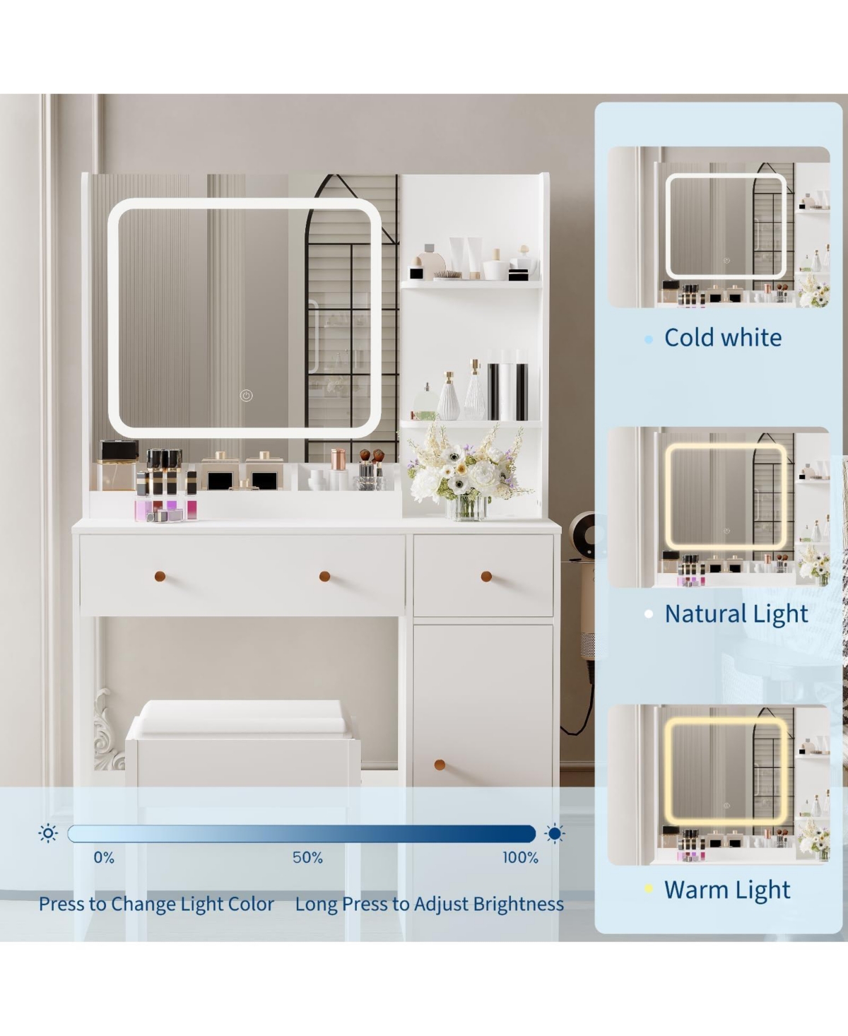 gaomon Makeup Vanity Desk with Led Mirror & Power Outlet,Vanity Set Storage Drawers,Shelves Stool