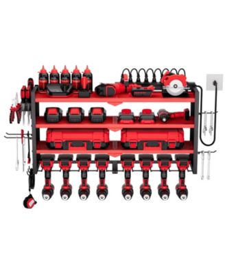 Power Tool Organizer with Charging Station, 4-Tier Wall Rack with 8 Drill Holders, Side Pegboard, Built-In 8-Outlet Power Strip
