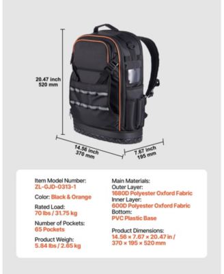 Tool Backpack, 65 Pockets, Heavy-Duty Tool Storage Organizer with Laptop Compartment & Molded Base, Electrician Jobsite Backpack