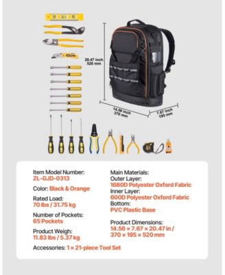 Tool Backpack with Tools, 65 Pockets, Heavy-Duty Tool Organizer with Laptop Compartment & Molded Base, Jobsite Backpack
