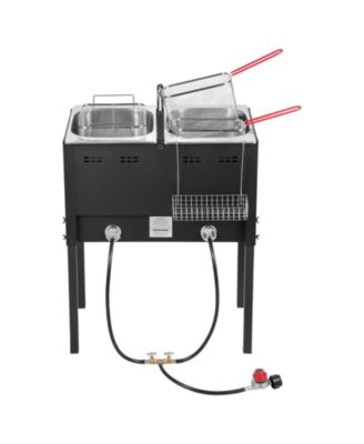 Outdoor Propane Deep Fryer, Dual-Tank 16QT x2, Stainless Steel Fryer with 3 Baskets, Thermometer, 50,000 BTU, Floor Standing