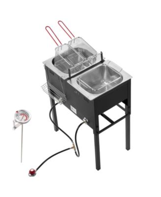 Outdoor Propane Deep Fryer, Dual-Tank 16QT x2, Stainless Steel Fryer with 3 Baskets, Thermometer, 50,000 BTU, Floor Standing