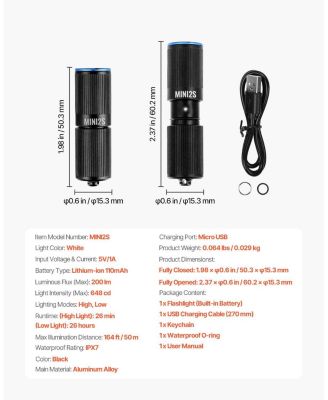 Rechargeable Mini Keychain LED Flashlight, 200 High Lumens, 2 Lighting Modes, IPX7 Waterproof