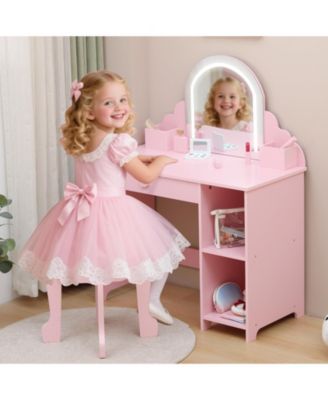Kids Vanity with Lighted Mirror & Stool, Little Girls Vanity with Adjustable LED Light