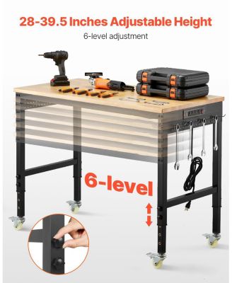 48" Adjustable Workbench, 2000 lb Load, Oak Wood Top Work Table with Power Outlet, Pegboard & Wheels, Heavy-Duty Work Bench