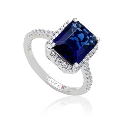 Suzy Levian Sterling Emerald-Cut Cubic Zirconia Halo Ring