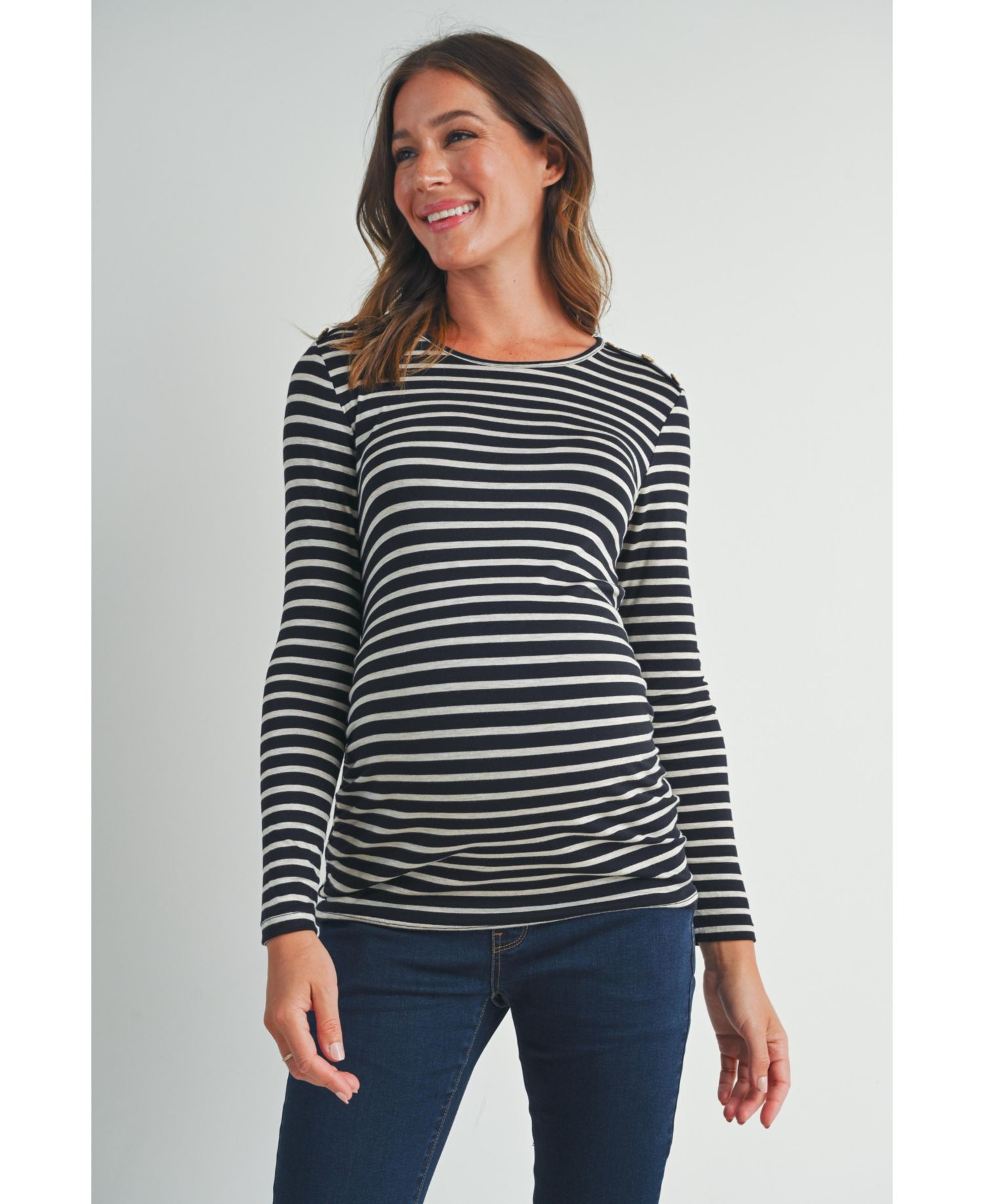 Women's Long Sleeve Side Ruched Striped Maternity Top