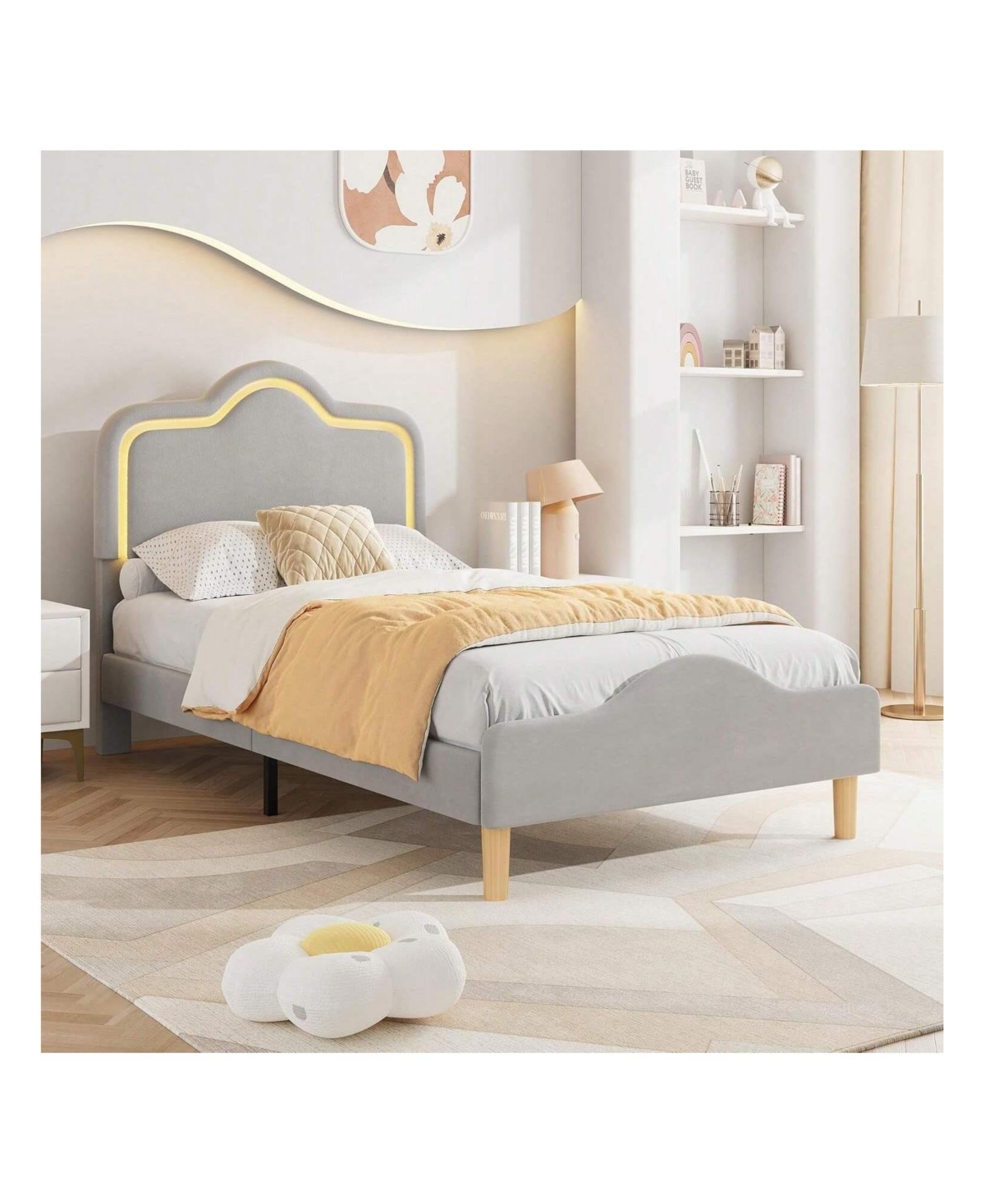 gaomon Upholstered Led Bed Frame with Headboard and Footboard Velvet Princess Platform Bedframe for Kids or Girls Wooden Slats Support No Box Spring