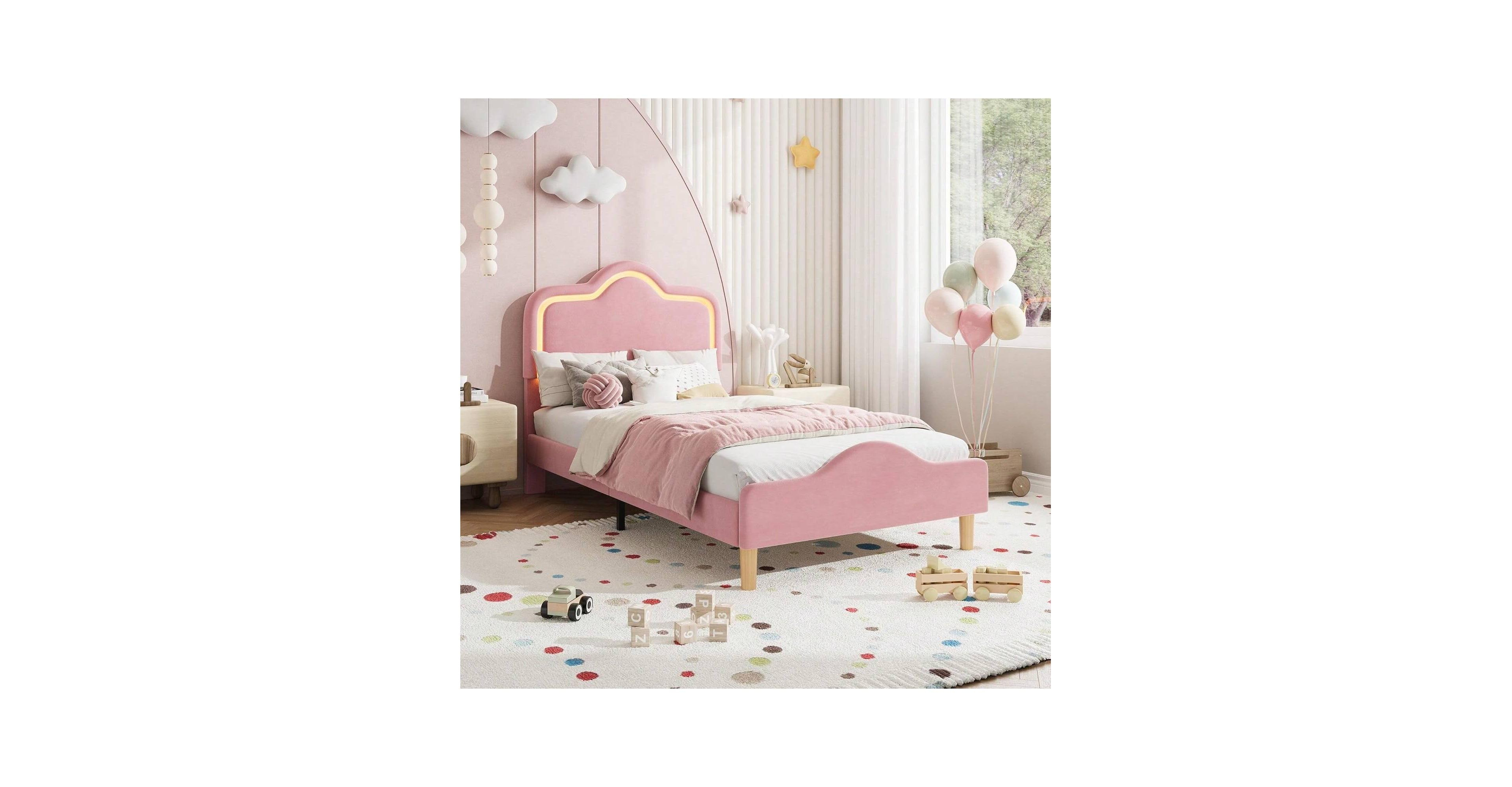 gaomon Upholstered Led Bed Frame with Headboard and Footboard Velvet Princess Platform Bedframe for Kids or Girls Wooden Slats Support No Box Spring