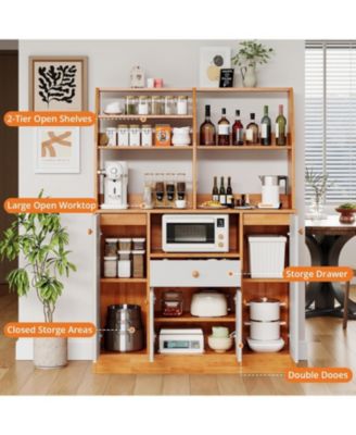 Small Farmhouse Coffee Bar Cabinet, Wood Kitchen Buffet Hutch Cabinet with 4 Doors & Adjustable Shelves, Sideboard Pantry for Dining Room