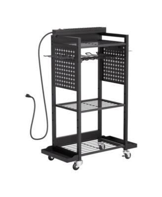 4-Tier Tool Organizer Cart with Charging Station, 8 AC Outlets, Rolling Drill Holder & Tool Battery Storage Rack, Wheels, Garage Use