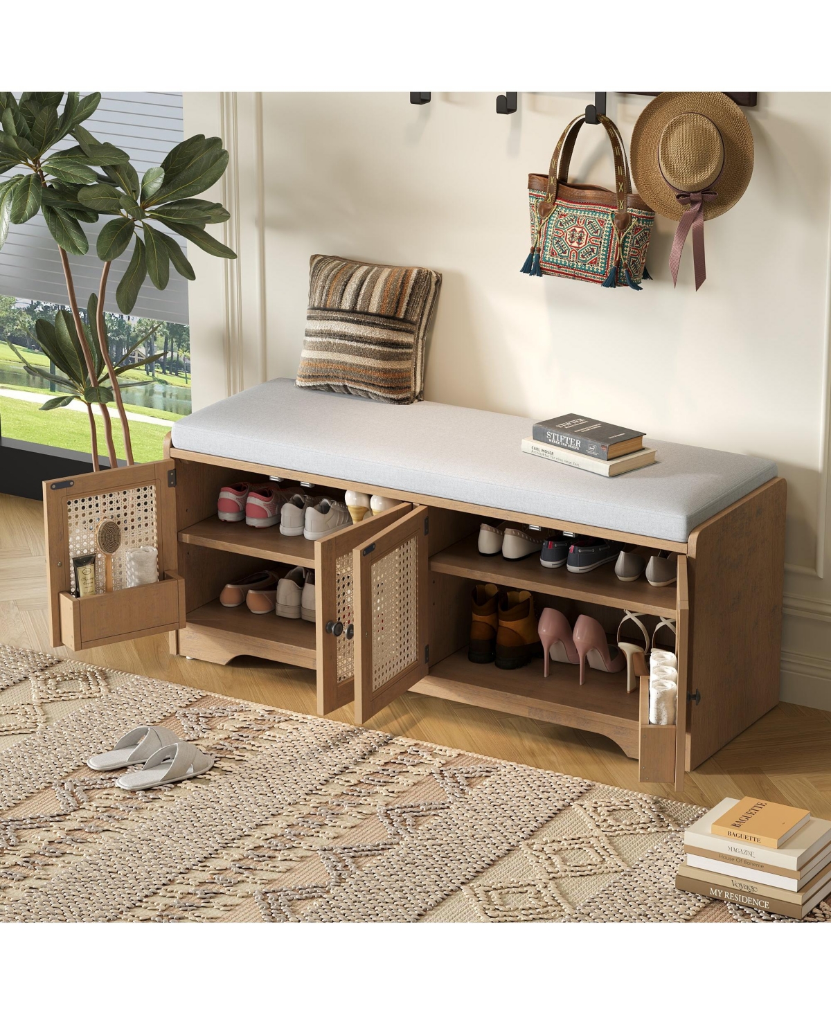 Boyel Living Rustic Wood Entryway Shoe Bench with Cushion and Adjustable Shelves