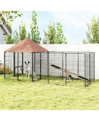 Dog Kennel with Rotating & Adjustable Height Bowls in Coffee