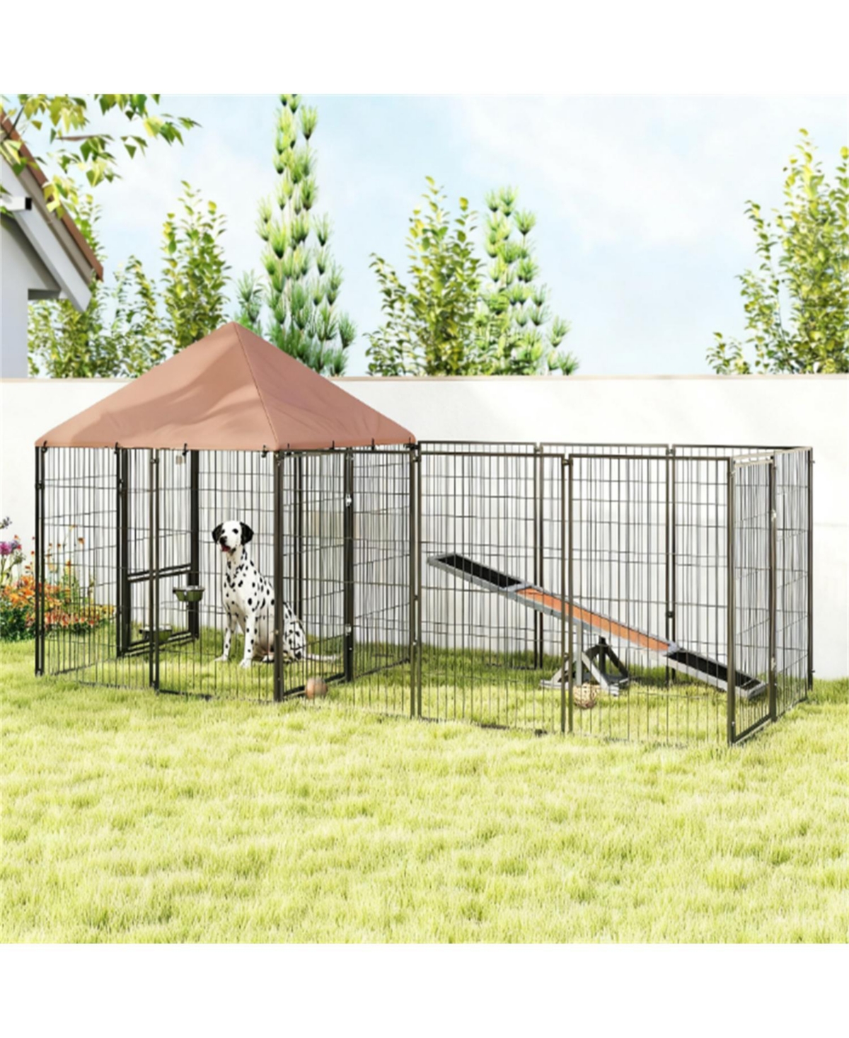 Aostirmotor Dog Kennel with Rotating & Adjustable Height Bowls in Coffee