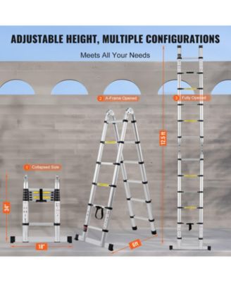 12.5 ft Telescoping A-Frame Ladder, Aluminum Multi-Button Retraction, 375 lb Capacity, Stabilizer Bar, Lightweight Extension Ladder