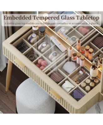 Fluted Makeup Vanity Desk with Mirror, Glass Top, Charging Station, 5 Drawers & Shelves for Bedroom