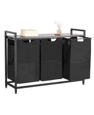 3-Section Laundry Sorter, Large Hamper with Wood Top, Metal Frame, Pull-Out 600D Oxford Cloth Bags, Freestanding Organizer